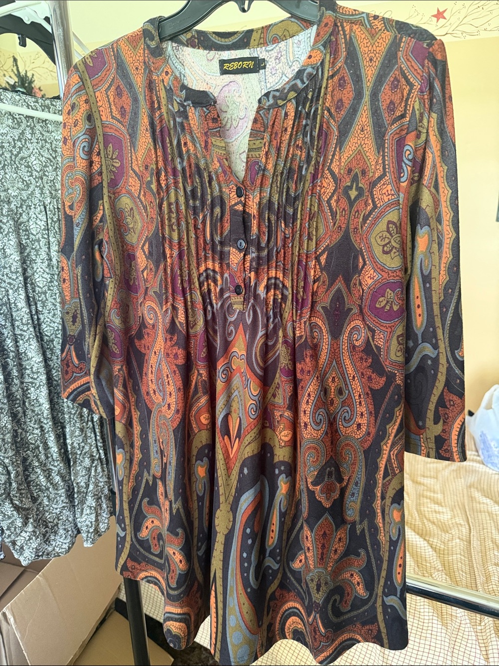 Reborn Paisley Pintuck Tunic - Black, Rust, Gold, Purple